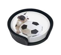 French Bulldog Puppy With Soccer Ball,Set of 6 Round Coasters, Pu Leather Drinks Coasters with Holder for Home Office Kitchen