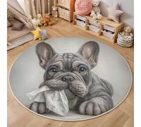 French Bulldog Round Rug 100 Cm Washable, Grey Non-Slip Circle Rug, Surrealist Art Style Decorative Carpet, Soft Low Pile Bedside Carpet Decor, Living Room Bedroom Kitchen