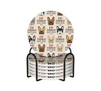 French Bulldog Seamless Pattern In Vintage Style,Round Ceramic Coasters, Mugs Pad, Cups Mat Set of 6 Drinks Coasters With Holder