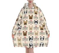 French Bulldog Seamless Pattern In Vintage Style,Women's Oversized Wearable Blanket Hoodie, Blanket Sweatshirt,Flannel Pullover Blanket