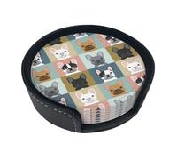 French Bulldog,Set of 6 Round Coasters, Pu Leather Drinks Coasters with Holder for Home Office Kitchen