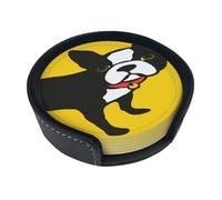 French Bulldog,Set of 6 Round Coasters, Pu Leather Drinks Coasters with Holder for Home Office Kitchen