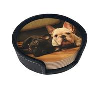French Bulldog,Set of 6 Round Coasters, Pu Leather Drinks Coasters with Holder for Home Office Kitchen