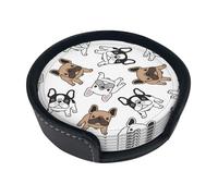 French Bulldog,Set of 6 Round Coasters, Pu Leather Drinks Coasters with Holder for Home Office Kitchen