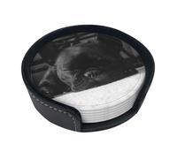 French Bulldog,Set of 6 Round Coasters, Pu Leather Drinks Coasters with Holder for Home Office Kitchen