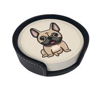 French Bulldog,Set of 6 Round Coasters, Pu Leather Drinks Coasters with Holder for Home Office Kitchen
