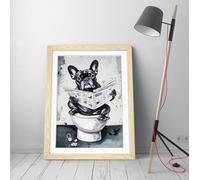 French bulldog sitting on a toilet reading a newspaper Stunning Framed Wall Art Print Picture - A1 - Light Oak Frame