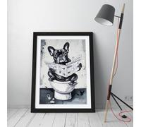 French bulldog sitting on a toilet reading a newspaper Stunning Framed Wall Art Print Picture - A2 - Black Frame