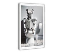 French Bulldog Sitting on The Toilet And Reading A Newspaper, Funny Bathroom Wall Art, Bathr Canvas Art Wall Decor Posters Home Bar Restaurant Garage Cafe Logo Gift 24x36inch(60x90cm)