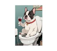 French Bulldog Sitting on The Toilet Drinking Red Wine. Poster Canvas Poster Bedroom Decor Landscape Decor Gift 24x36inch(60x90cm)