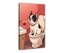 French Bulldog Sitting on The Toilet Drinking Red Wine. Poster Canvas Poster Bedroom Decor Landscape Decor Gift 08x12inch(20x30cm)