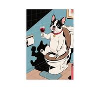 French Bulldog Sitting on The Toilet Drinking Red Wine. Poster Canvas Poster Bedroom Decor Landscape Decor Gift 16x24inch(40x60cm)