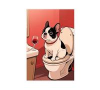 French Bulldog Sitting on The Toilet Drinking Red Wine. Poster Canvas Poster Bedroom Decor Landscape Decor Gift 20x30inch(50x75cm)