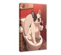 French Bulldog Sitting on The Toilet Drinking Red Wine. Poster Canvas Poster Wall Art Print Picture Paintings 16x24inch(40x60cm)