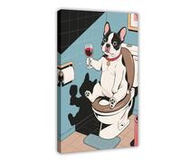 French Bulldog Sitting on The Toilet Drinking Red Wine. Poster Canvas Poster Wall Art Print Picture Paintings 08x12inch(20x30cm)