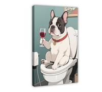 French Bulldog Sitting on The Toilet Drinking Red Wine. Poster Canvas Poster Wall Art Print Picture Paintings 20x30inch(50x75cm)