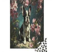 French Bulldog Sitting Under Cherry Blossoms Jigsaw Puzzles. 70x50cm/1000pcs Whimsical Challenge Toy for Educational Games Gifts