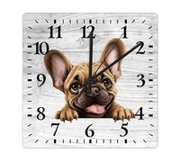 French Bulldog Square Wood Wall Clock Funny Peeking Dog Puppy Battery Operated Silent Non-Ticking Retro Clocks for Restaurant Office & Family Home Decoration 30CM