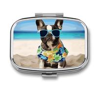 French Bulldog SummerPill Organizer with Mirror, 2 Compartment Metal Travel Pill Case, Weekly Medicine Container for Daily Meds, Compact & Artistic Design for Purse, Pocket, Or Wallet