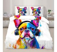 French Bulldog Super King Duvet Set Dog Soft Microfiber Duvet Cover Set Colorful Paint Splatter Bedding Double Bed Set with 2 Pillowcases, Ultra Comfortable Quilt Cover with Zipper Closure