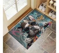 French Bulldog Washable Door Mats Indoor, Graffiti Animals Dirt Trapper Mat Absorbent Non-Slip Low Profile Doormat For Entrance, Inside, Kitchen, Front Back Door, Pets And Dogs- 45 X 75 Cm, Grey