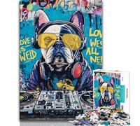 French Bulldog Wearing Headphones 1000 Piece Jigsaw Puzzles for Adults & Teens,Educational Game Challenge Toy Wall Decoration Unique Birthday And Xmas Gifts 50x75cm