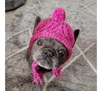 French Bulldog Winter Hat, Warm Pet Head Wear Knitted, Knitting Wool Cap with Long Braid Tassel and Ear Holes, Puppy’s Head Accessorie for Small Medium Dogs (Purple S 13-16in)