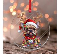 French Bulldog with Antlers Xmas Ornament Animal Picture Pet Puppy Round Christmas Tree Ornament Keepsake Pet Portrait Bulldog Boxer Acrylic Christmas Bauble for Festive Holidays Home Decor