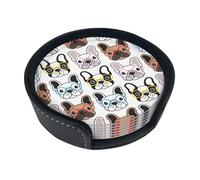 French Bulldog With Glasses,Set of 6 Round Coasters, Pu Leather Drinks Coasters with Holder for Home Office Kitchen