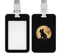 French Bulldog with Moon Sliding ID Badge Holder Vertical Clear Window Holders with Lanyard Key Card Work Clip for Office Company