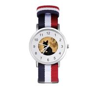 French Bulldog with Moon Woven Strap Watch Multicolor Wristwatch Easy Reader Analog Watches for Men Women Birthday Gift