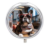 French Bulldog with Sunglasses, Round Pills with 3 Compartments, Portable Travel Pill Organizer Box, Mini Metal Pill Holder and Vitamin Containers for Oil