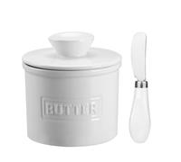 French Butter Crock Keeper with Water Line, The Original Porcelain Butter Dish with Knife for Counter, Gift for Mother’s Day, Thanksgiving, Christmas. Color: White Butter Crock