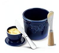 French Butter Crock - Porcelain Butter Keeper with Water Seal for Fresh, Soft Butter, No Refrigeration Needed | Includes Unique Standing Smiley Spreader Knife | Holds 1/2 Cup (1 Stick)