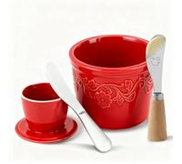 French Butter Crock - Porcelain Butter Keeper with Water Seal for Fresh, Soft Butter, No Refrigeration Needed | Includes Unique Standing Smiley Spreader Knife | Holds 1/2 Cup (1 Stick), Classic Red