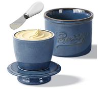 French Butter Crock with Spreader, Ceramic Butter Dish with Water Line for Fresh Spreadable Butter, Reactive Glaze, Blue