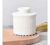 French Butter Dish, Ribbed Butter Crock for Fresh Spreadable Butter, 140g Butter Keeper with Water Line, White Ceramic Butter Holder Container, Dishwasher Safe