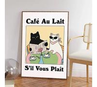 French Cafe Milk Cat Prints Retro Drink Bistro Coffee Posters Canvas Painting Kitchen Room Decor A3 60X90Cm Unframed