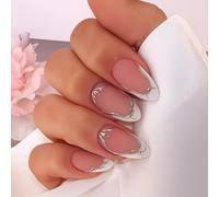 French Chrome Press On Nails Glossy White Tip Almond Short Fake Nails Set 24Pcs - Elegant Metallic Silver Outline Nude Base Full Cover Stick On for Women Wedding Salon Manicure Autumn Christmas Coffin