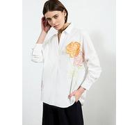 French Connection Cotton Floral Embroidered Design Long Sleeve Pullover Open Collar Shirt, White, Size Xl, Women White