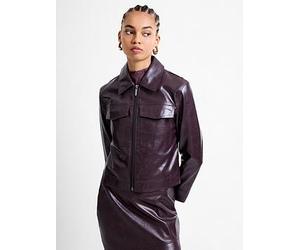 French Connection Faux Leather Cropped Zip Through Collared Jacket, Burgundy, Size M, Women Burgundy