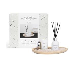 French Connection Lemon Drizzle Home Fragrance Gift Set | Scented Candle & Reed Diffuser with Wooden Plate, Sand | Luxury Aromatherapy Set | (Small)