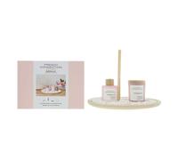 French Connection Marshmallow Home Fragrance Gift Set | Scented Candle & Reed Diffuser with Wooden Plate & Pebbles | Luxury Aromatherapy Set (Large)