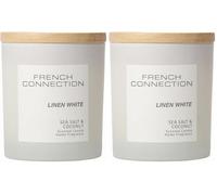 French Connection Pastel Range Scented Container Candle | Shea Butter Wax | Frosted Glass Jar Bamboo Lid | Round Shape | (Medium, Linen White) (Pack of 2)