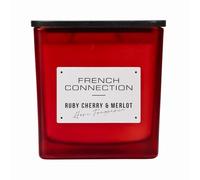 French Connection Scented Candle | Shea Butter Wax | Frosted Red Glass Jar Wooden Lid | Square Shape | (XL, Dark Cherry (Cherry & Merlot) Scent