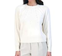 French Connection Women’s Pearl Embellished Sweater - Long Sleeve Crewneck Pullover Knit Fashion Top, Beige, L