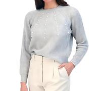 French Connection Women’s Pearl Embellished Sweater - Long Sleeve Crewneck Pullover Knit Fashion Top, Gray, L