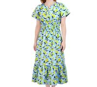 French Connection Women's Elegant Summer Maxi Dress - Split Neck, Short Sleeve, Flowy Casual Style for Everyday Wear, Blue/Yellow, S