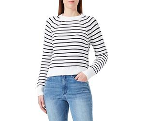 French Connection Women's Lillie Mozart Stripe Crew Neck Jumper Pullover Sweater, Summer White/Utility Blue, M