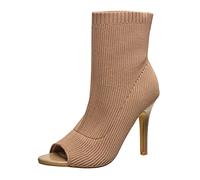 French Connection Women's Meghan Peep Toe Booties Comfortable Work Fall Winter Pull On Fashion Shoes Heeled Boots for Women with Soft Knit Upper, Taupe, 5.5 UK